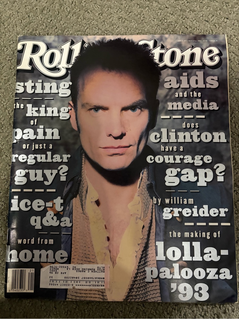 Vintage Rolling Stone Magazine Cover Featuring Sting 1993 #617 Lallapalooza